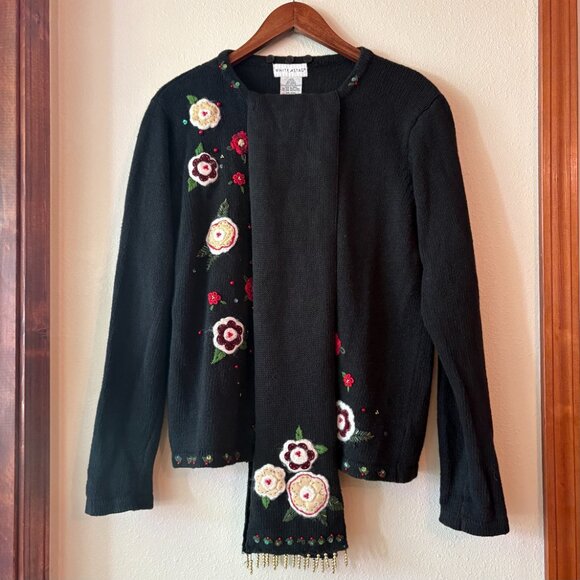 VTG Grannycore Embroidered Floral Beaded Ugly Christmas Black Cardigan Size L - Picture 7 of 11
